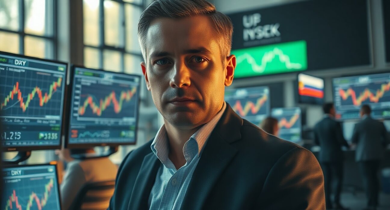 Financial analyst monitors US Dollar Index charts on trading floor screens