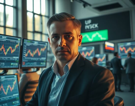 Financial analyst monitors US Dollar Index charts on trading floor screens
