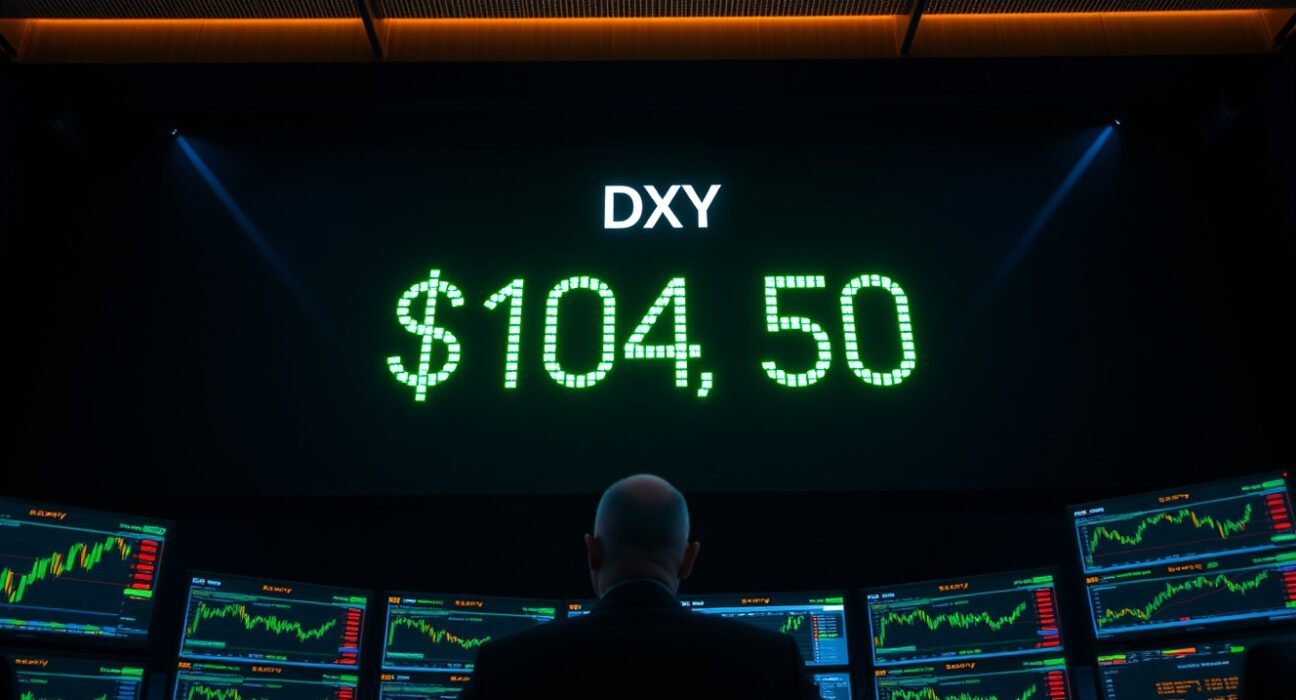 US Dollar Index (DXY) display on a trading floor with financial charts in background.