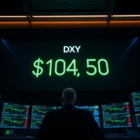 US Dollar Index (DXY) display on a trading floor with financial charts in background.