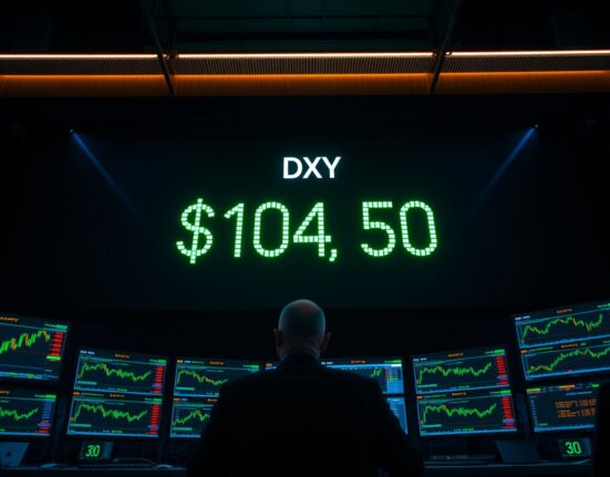 US Dollar Index (DXY) display on a trading floor with financial charts in background.