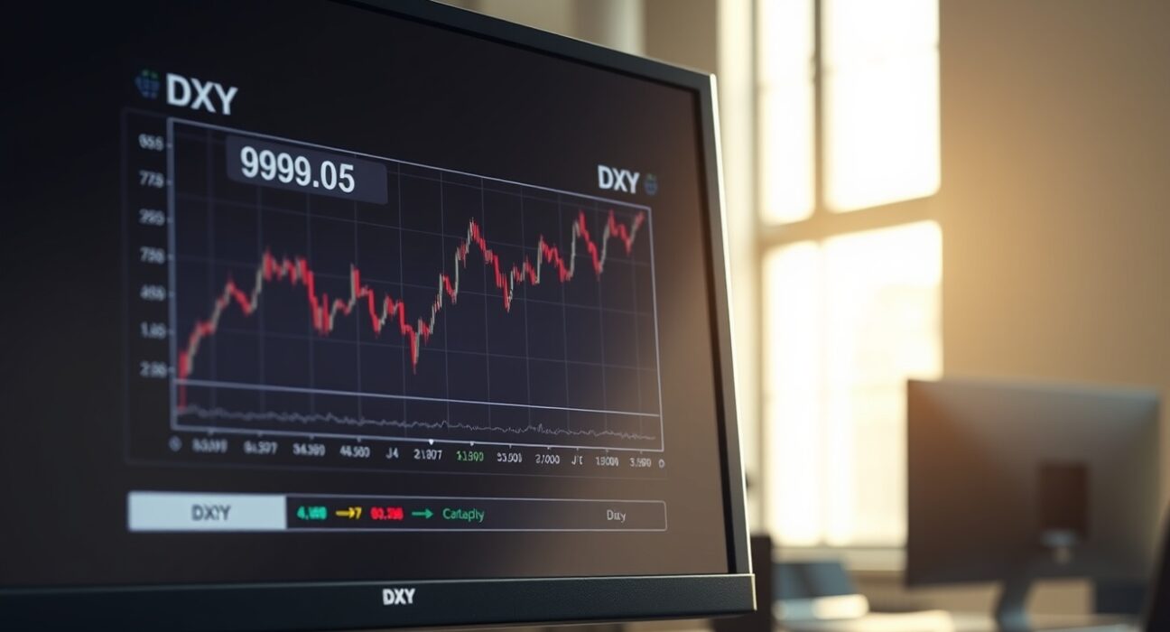 US Dollar Index chart analysis showing resilience near the 99.00 level on a trading desk monitor.