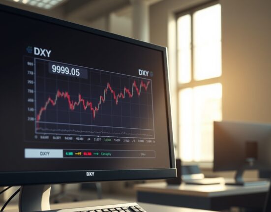 US Dollar Index chart analysis showing resilience near the 99.00 level on a trading desk monitor.