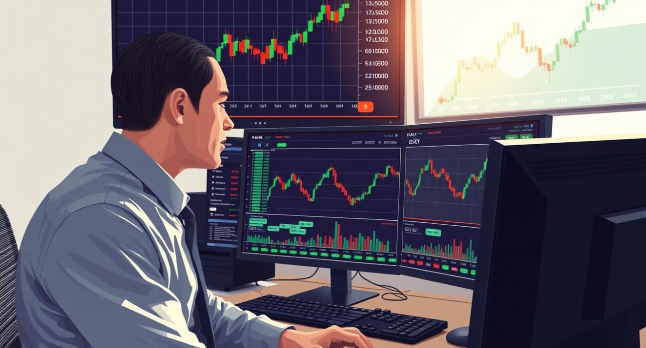 Financial analyst monitoring the US Dollar Index chart holding above the 100.00 level on trading desk screens.