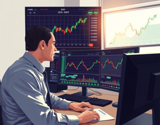 Financial analyst monitoring the US Dollar Index chart holding above the 100.00 level on trading desk screens.