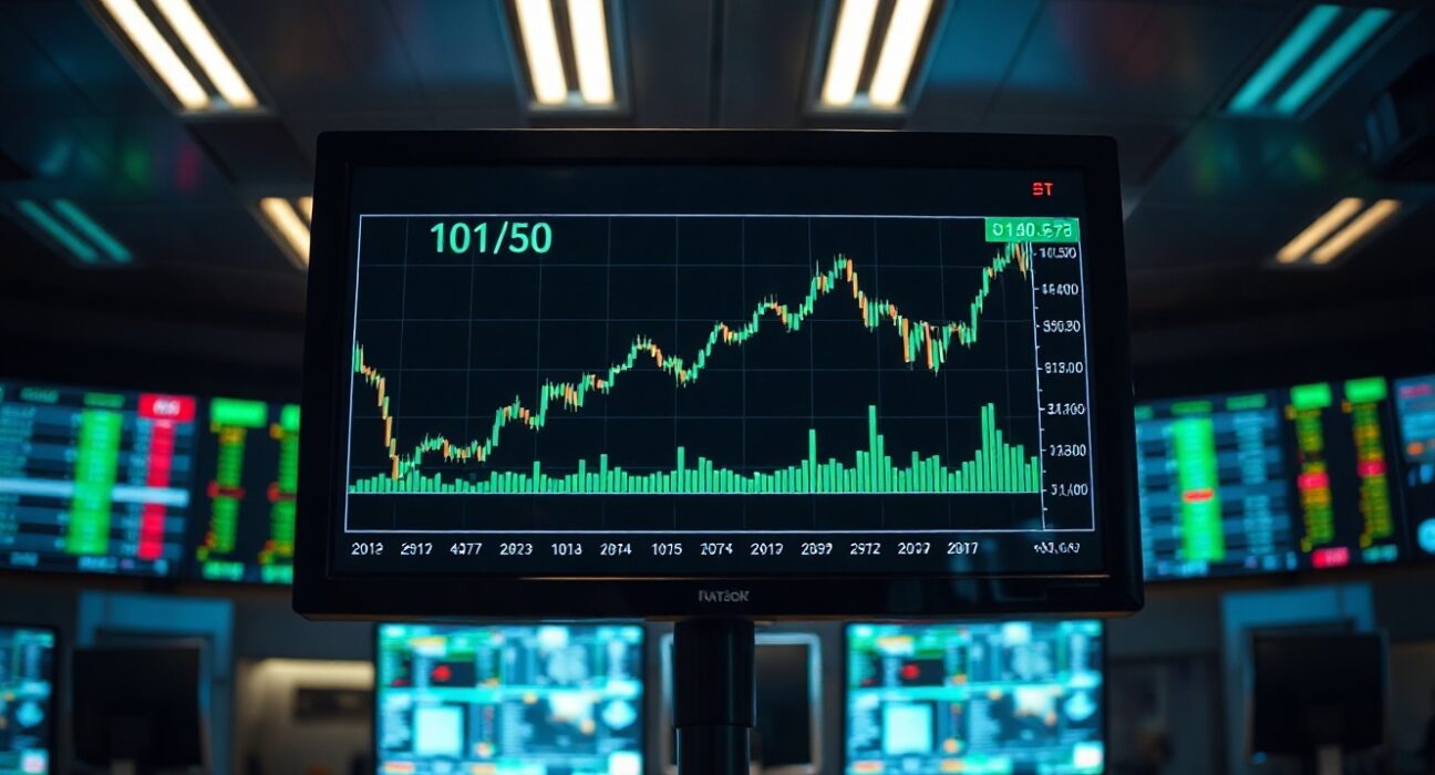 US Dollar Index chart showing level above 101.50 on a trading monitor in a financial trading floor.