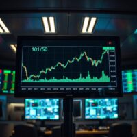 US Dollar Index chart showing level above 101.50 on a trading monitor in a financial trading floor.