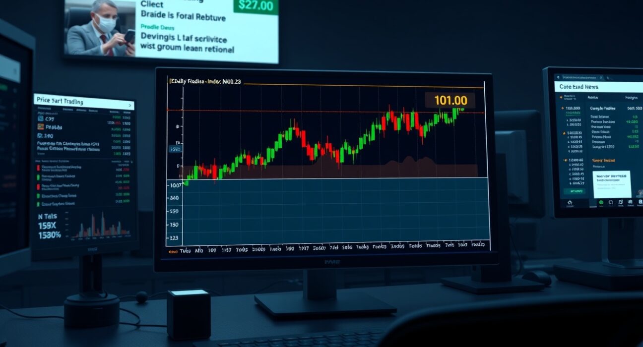 US Dollar Index chart on trading monitor showing price near 101.00 level ahead of CPI data and Fed speech