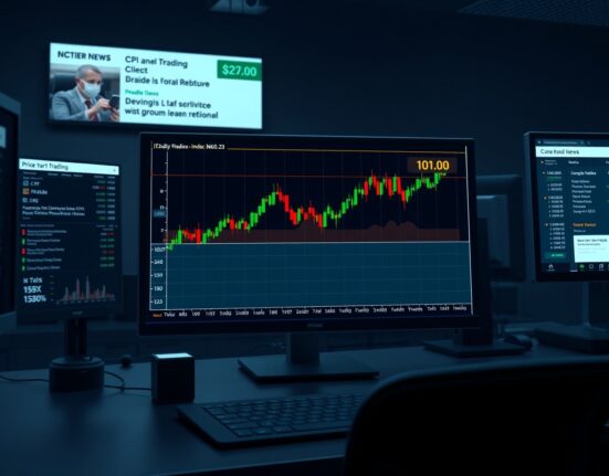 US Dollar Index chart on trading monitor showing price near 101.00 level ahead of CPI data and Fed speech