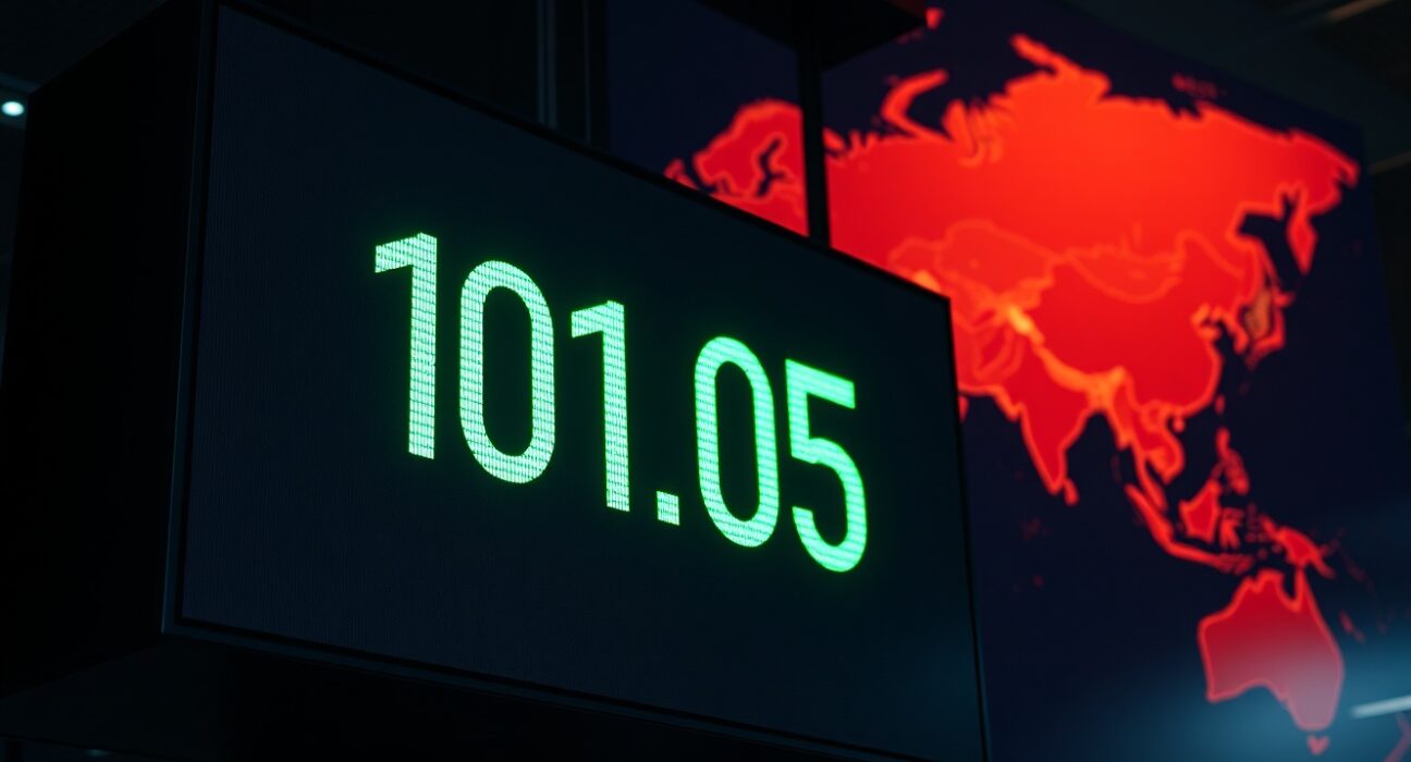 Digital display showing US Dollar Index at 101.05 on a trading floor with a world map highlighting the Middle East in the background.