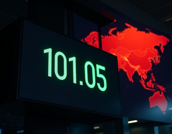 Digital display showing US Dollar Index at 101.05 on a trading floor with a world map highlighting the Middle East in the background.