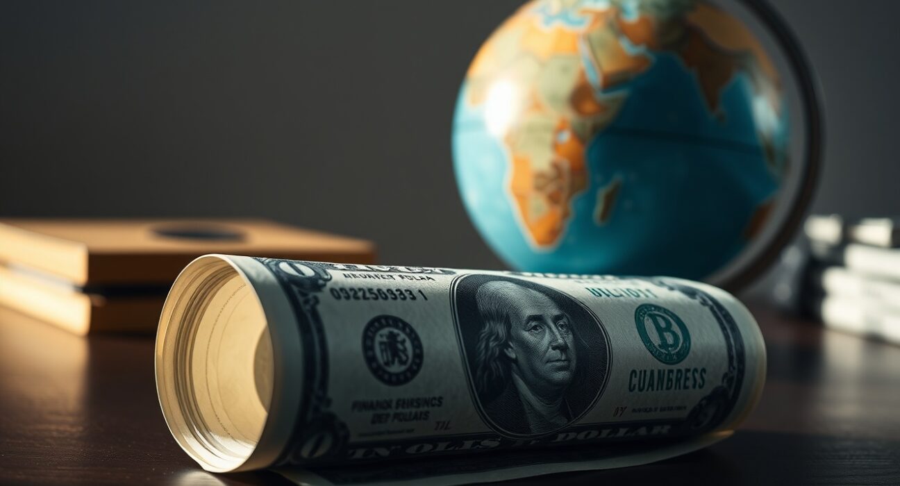 Close-up of US dollar banknote on wooden desk with globe in background