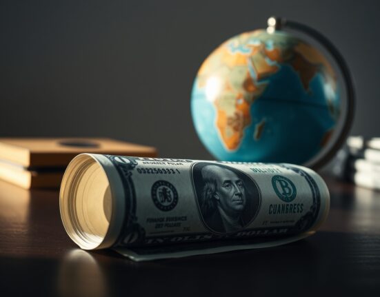 Close-up of US dollar banknote on wooden desk with globe in background