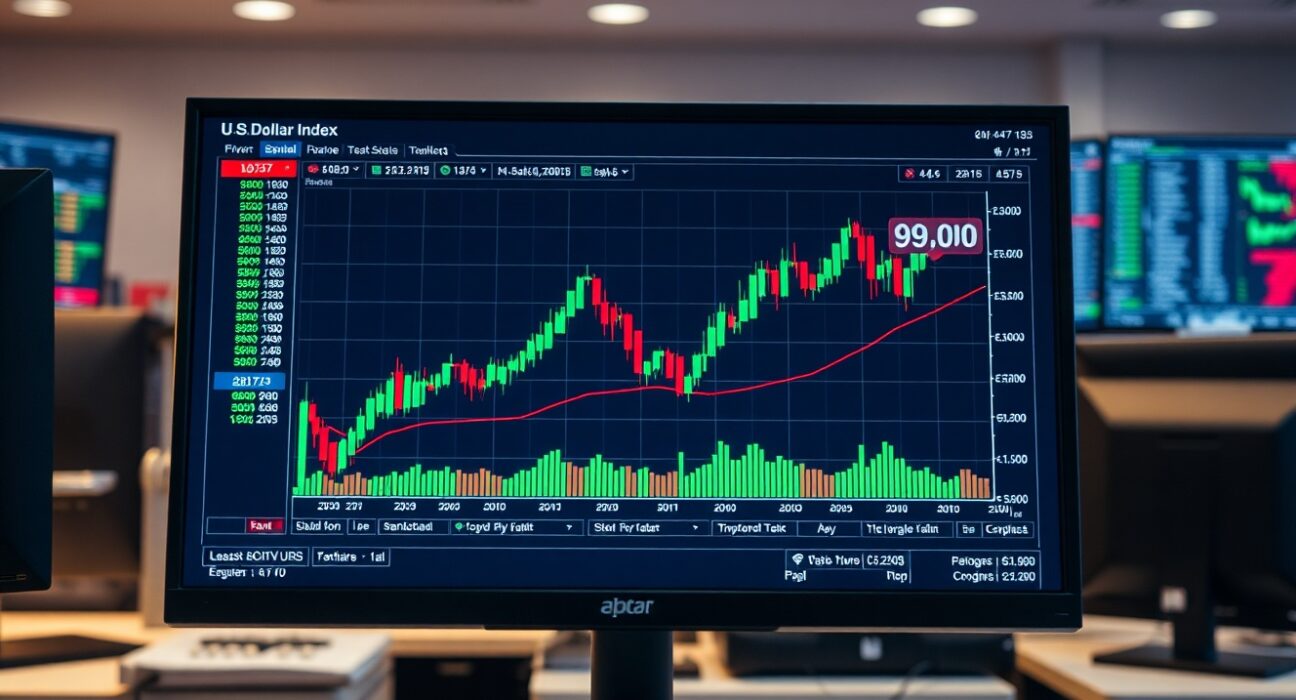 US Dollar Index chart showing steady gains above 99.00 on trading terminal screen