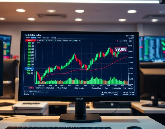 US Dollar Index chart showing steady gains above 99.00 on trading terminal screen