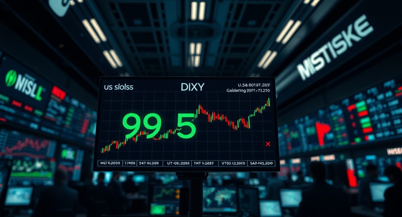 US Dollar Index chart on trading terminal showing DXY near 98.50, reflecting safe-haven demand in forex market