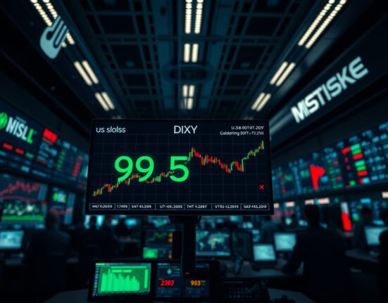 US Dollar Index chart on trading terminal showing DXY near 98.50, reflecting safe-haven demand in forex market