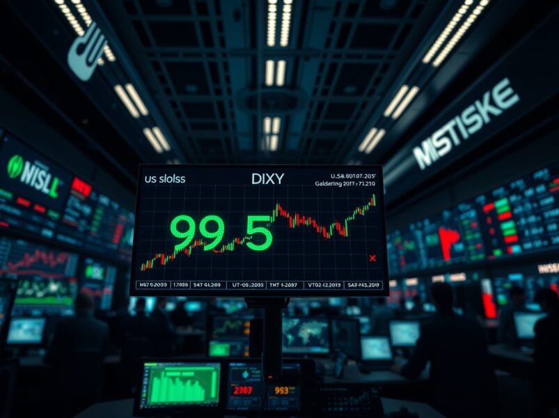 US Dollar Index chart on trading terminal showing DXY near 98.50, reflecting safe-haven demand in forex market