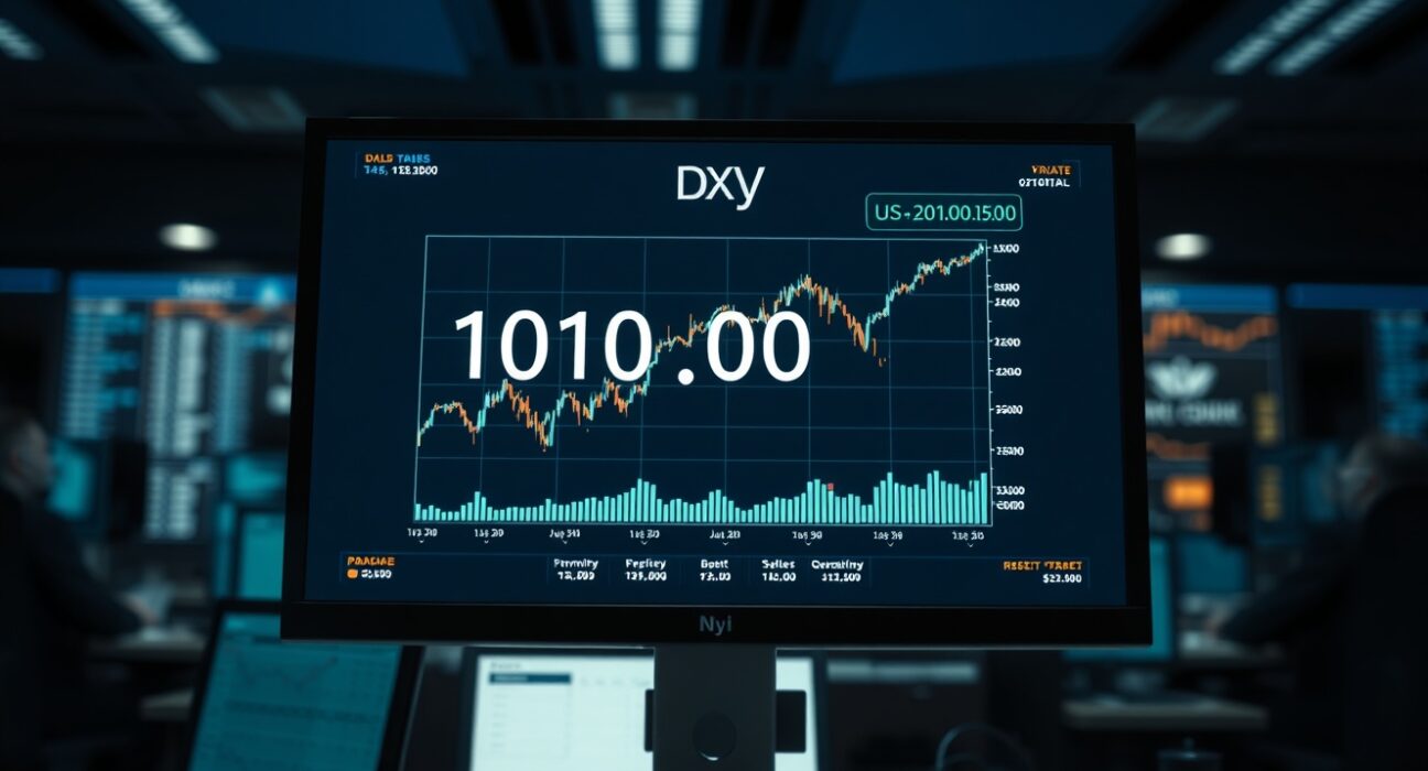 Financial trading screen showing US Dollar Index near 101.00 level in a professional trading environment.