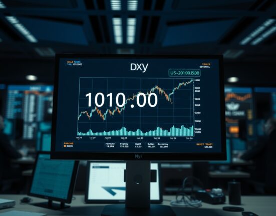 Financial trading screen showing US Dollar Index near 101.00 level in a professional trading environment.