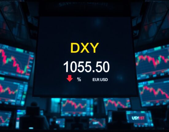 US Dollar Index display showing pullback from 11-week highs on a trading floor