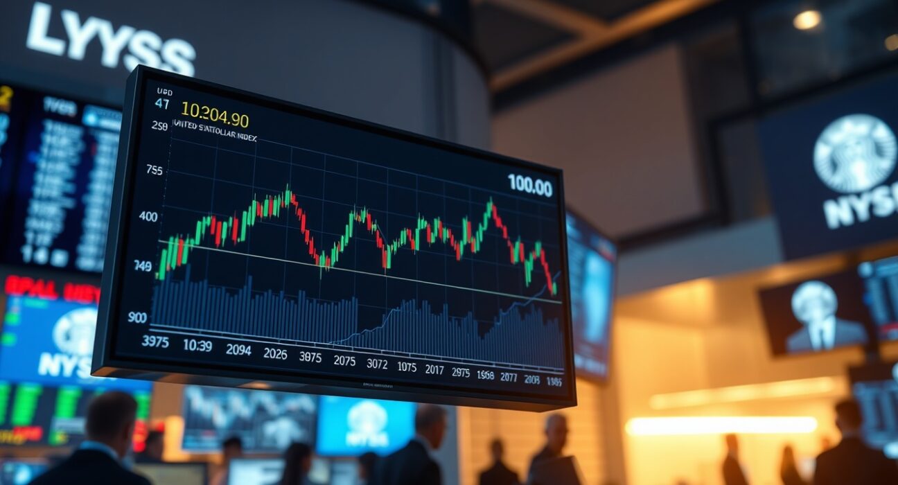 US Dollar Index chart near 100.00 on a trading floor screen amid geopolitical tensions.