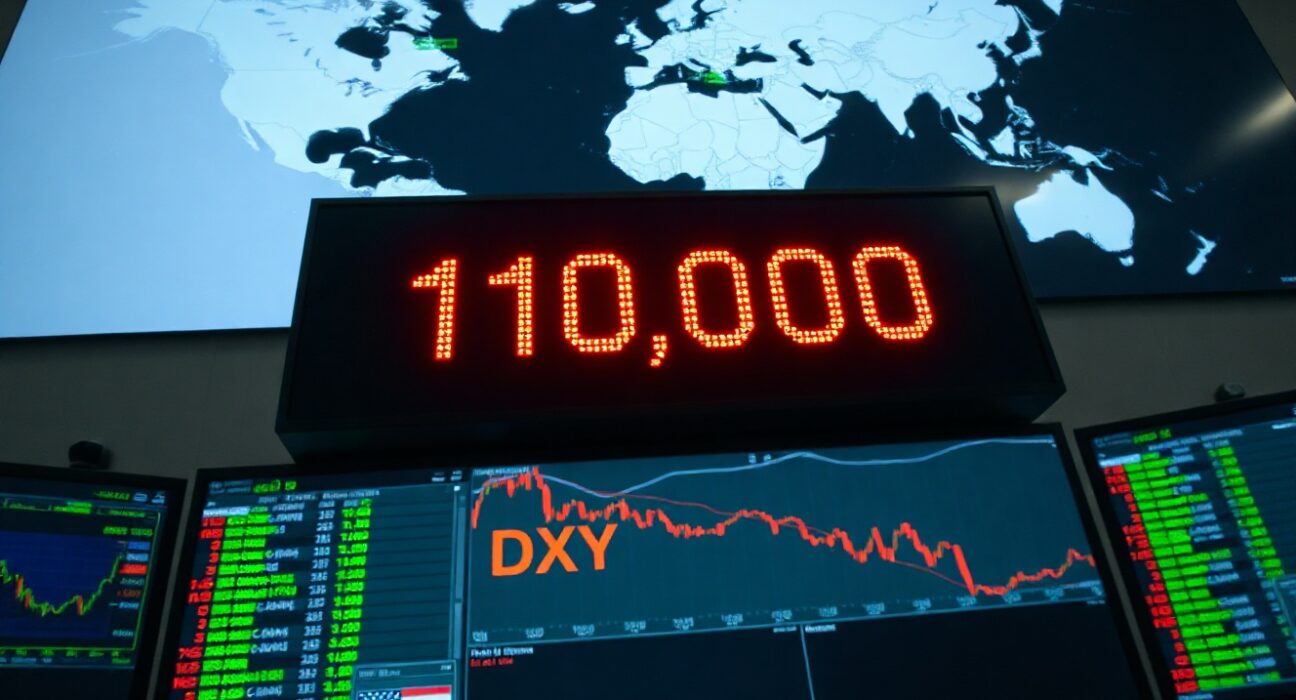 Digital display showing US Dollar Index near 100.00 on a trading floor