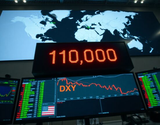 Digital display showing US Dollar Index near 100.00 on a trading floor