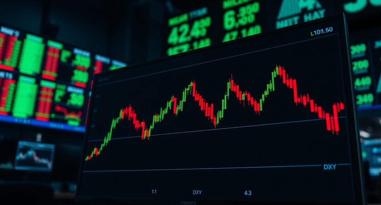US Dollar Index chart showing price near 101.50 on a trading floor monitor