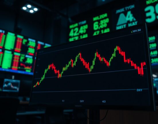 US Dollar Index chart showing price near 101.50 on a trading floor monitor
