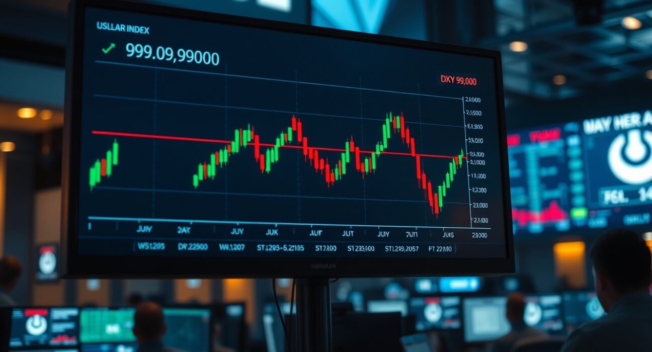 US Dollar Index chart hovering near 99.00 on a trading monitor in a financial trading floor.