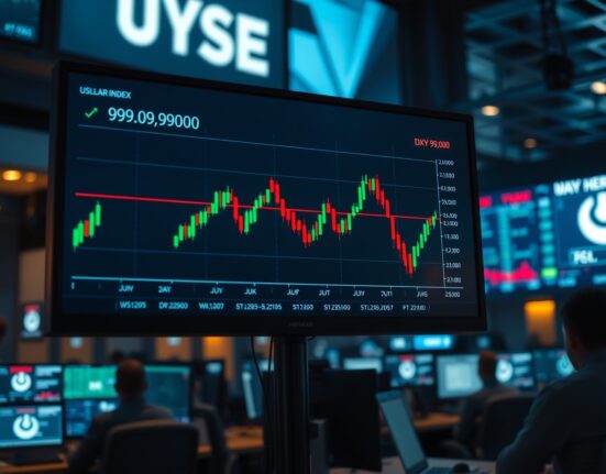 US Dollar Index chart hovering near 99.00 on a trading monitor in a financial trading floor.