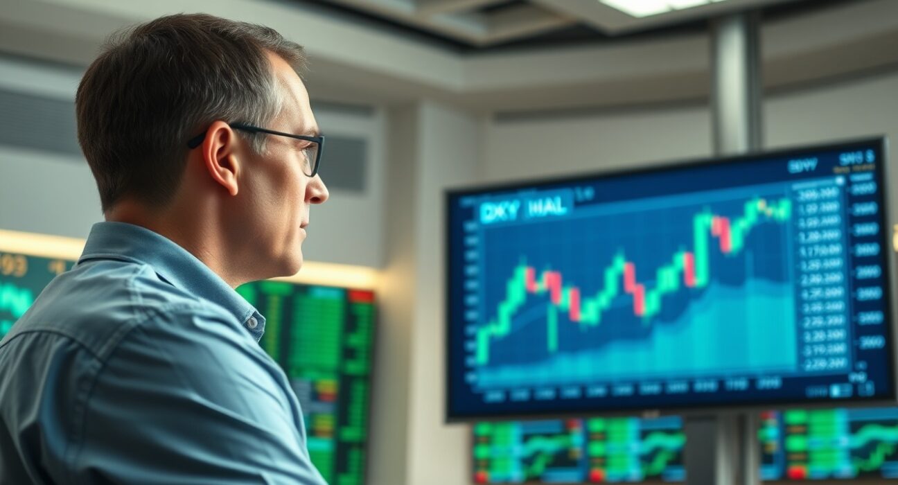 Analyst monitoring US Dollar Index chart on a trading floor screen.