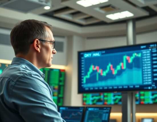 Analyst monitoring US Dollar Index chart on a trading floor screen.
