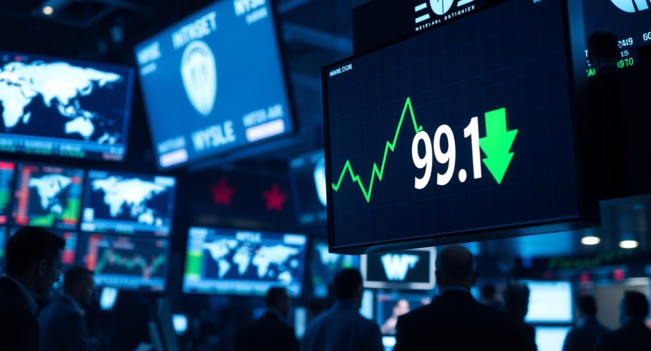 US Dollar Index chart showing decline to 99.15 on a trading floor display.