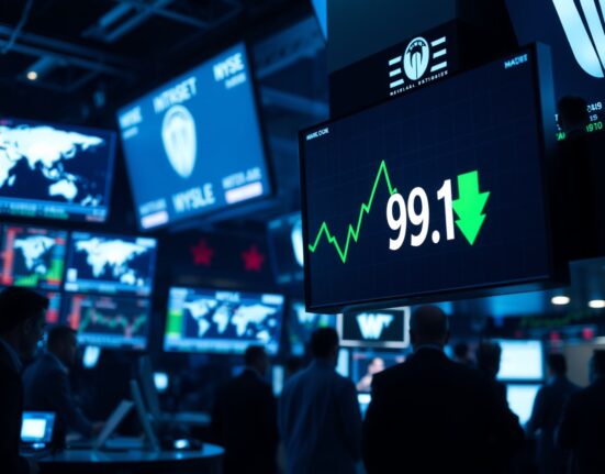 US Dollar Index chart showing decline to 99.15 on a trading floor display.