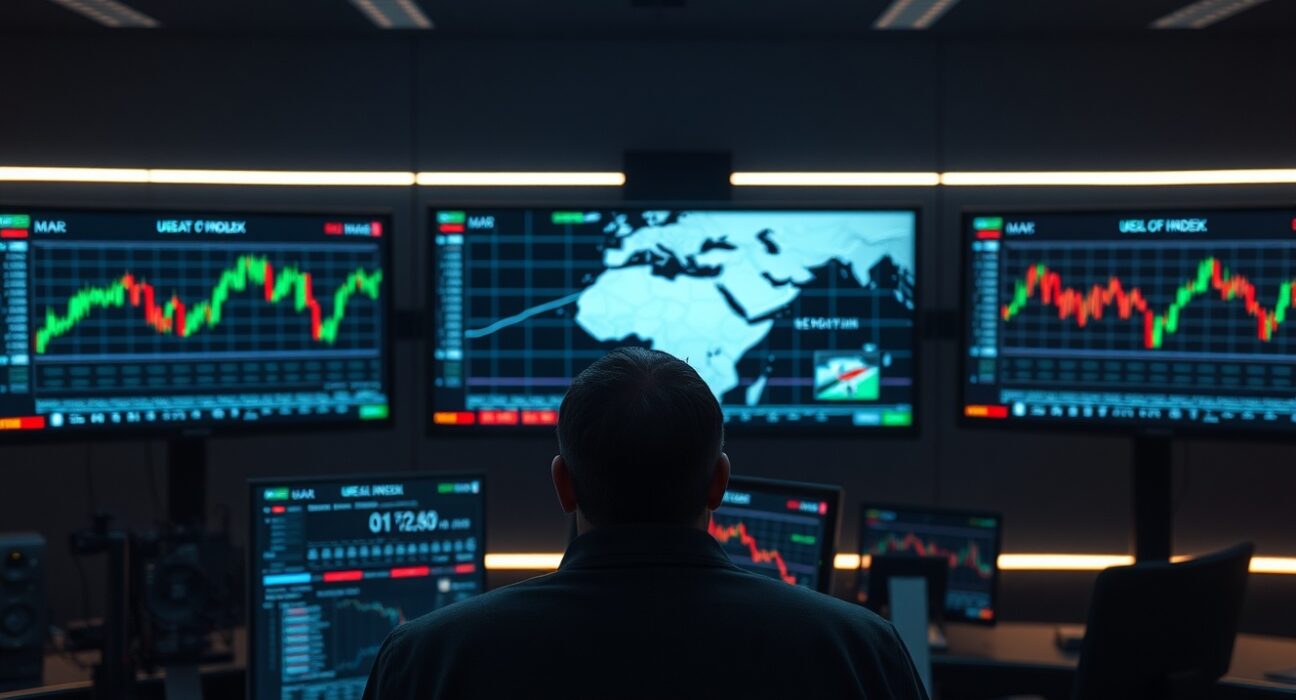 Trading desk monitors showing US Dollar Index chart with Strait of Hormuz map in background