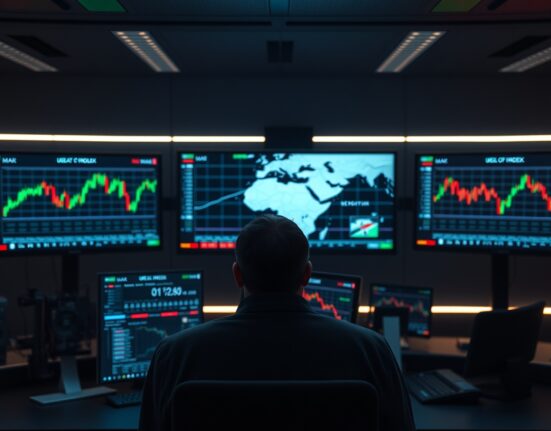 Trading desk monitors showing US Dollar Index chart with Strait of Hormuz map in background