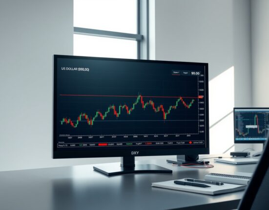 Professional trading desk monitoring the US Dollar Index chart near the 99.00 level.