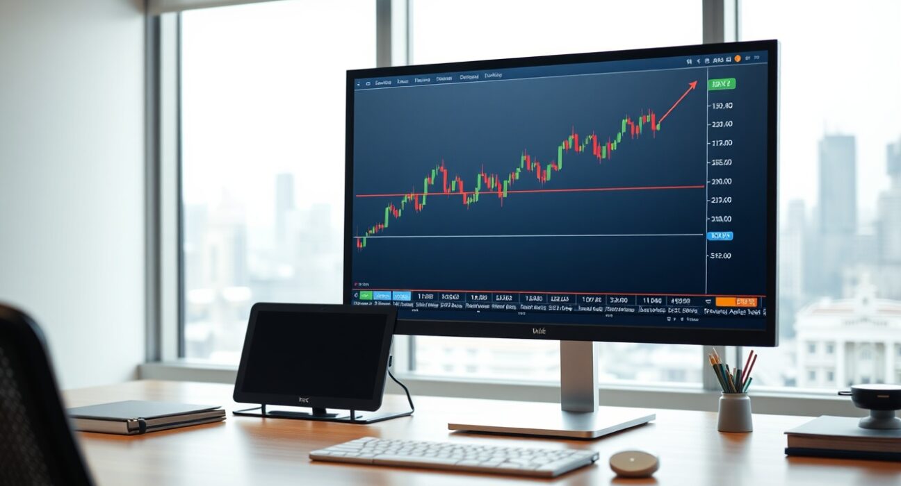 Computer monitor displaying an upward-trending US Dollar Index chart in a professional office setting