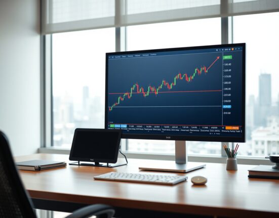 Computer monitor displaying an upward-trending US Dollar Index chart in a professional office setting