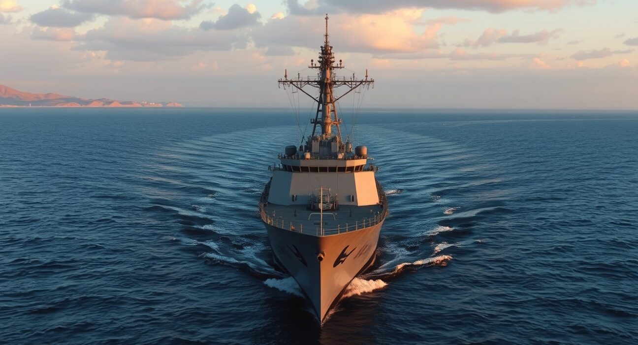 US Navy warship patrols Strait of Hormuz amid Iran ceasefire tensions affecting US Dollar Index.