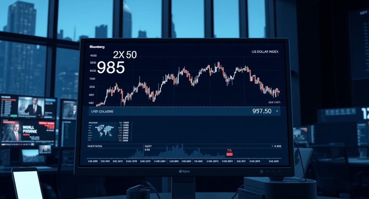 US Dollar Index chart holding steady at 98.50 on a trading terminal amid geopolitical news.