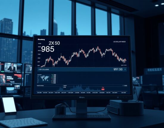 US Dollar Index chart holding steady at 98.50 on a trading terminal amid geopolitical news.