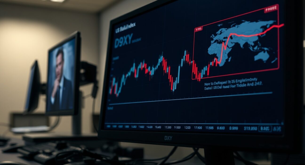 Financial trading screen showing the US Dollar Index chart holding steady amid Iran conflict news.