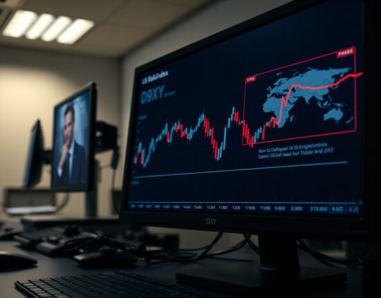Financial trading screen showing the US Dollar Index chart holding steady amid Iran conflict news.