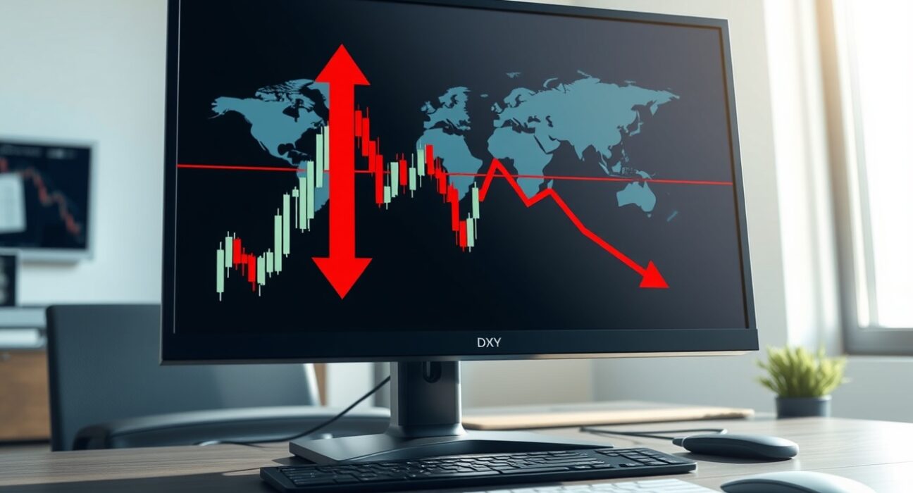 US Dollar Index chart showing a sharp reversal on trading desk monitor amid geopolitical news.