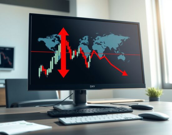 US Dollar Index chart showing a sharp reversal on trading desk monitor amid geopolitical news.
