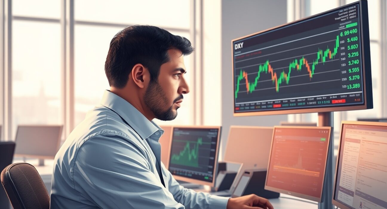 Financial analyst monitors the US Dollar Index chart amid news of potential US-Iran diplomatic negotiations.