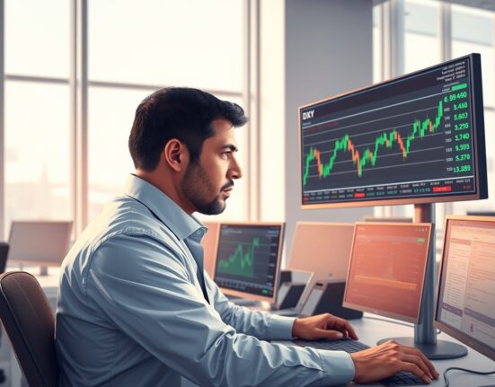 Financial analyst monitors the US Dollar Index chart amid news of potential US-Iran diplomatic negotiations.